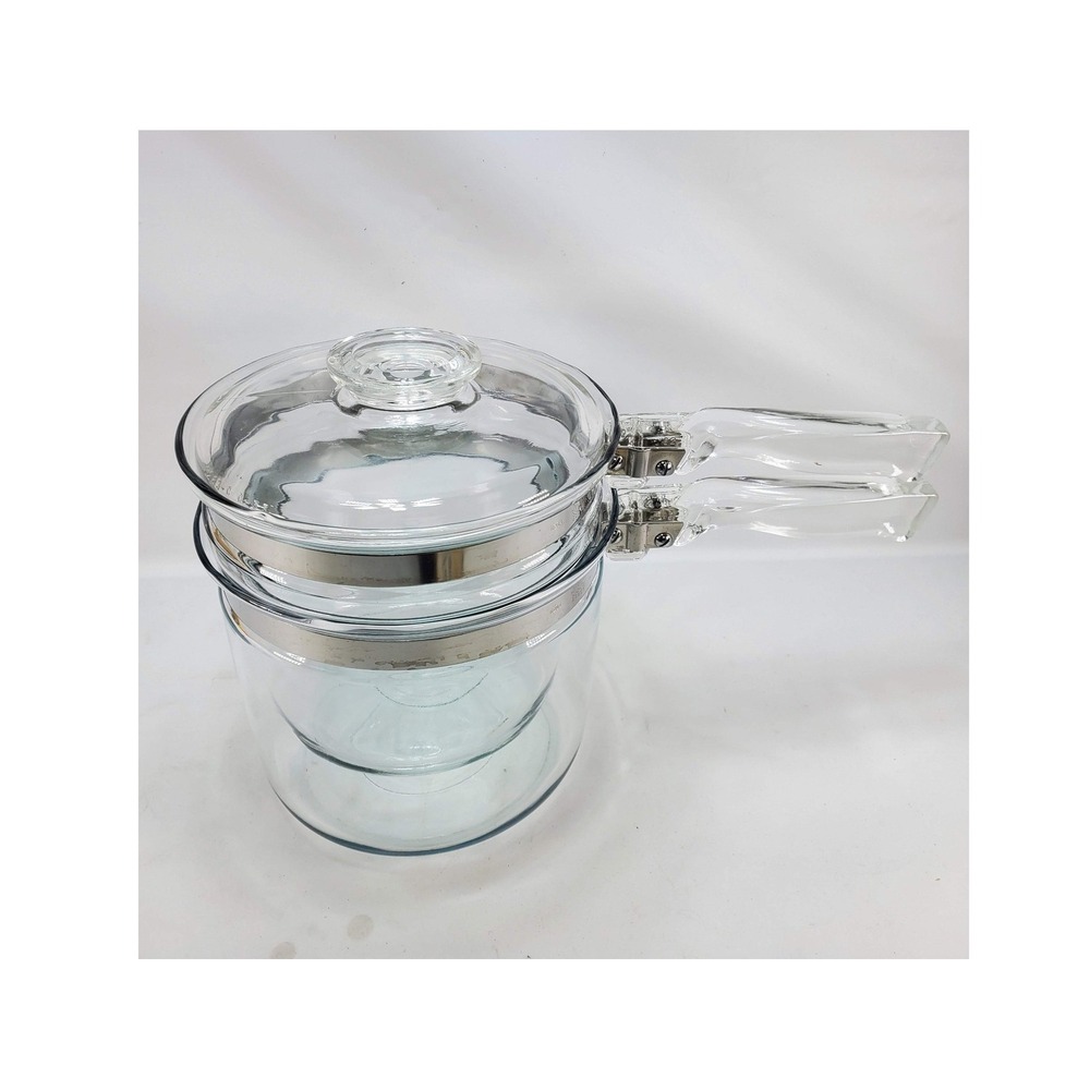 Pyrex Double Boiler Flameware 6283 Clear Glass 3 Piece Set Vintage